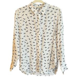 Zara White Bow Print Button Down Coquette Blouse w Gold Buttons Size Medium